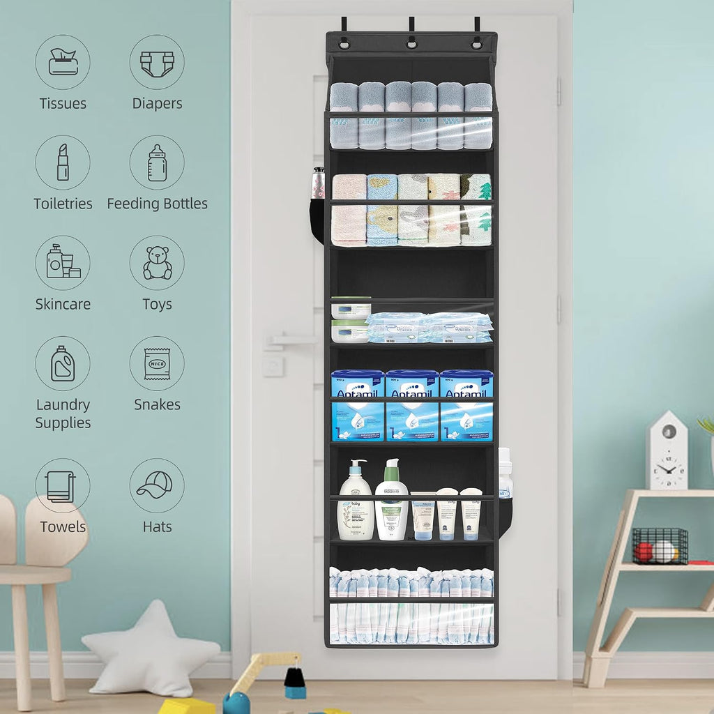 Over Door Organizer with 6 Extra Large Pockets 12 Side Pockets, Sturdy Closet Storage Rack, Hanging Storage Organizer with Clear Window for Shoes, Diaper, Bedroom, Bathroom, Black, 6-Pack