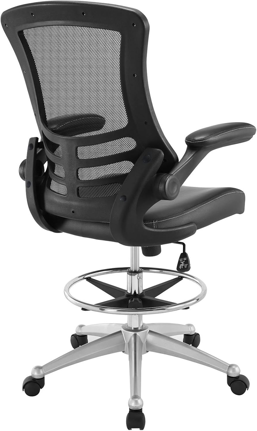 Modway Attainment Vinyl Drafting Chair - Drafting Stool With Flip-Up Arm in Black