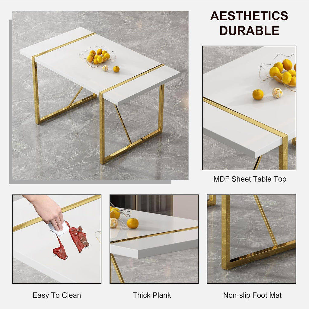 Ebullient 7-Piece White Dining Table Set for 6, Modern Gold Table & Chairs | 55" White MDF Table, 6 Padded Faux Leather Chairs, Gold Frames, 1.57" Thick Top, Reinforced Base, Easy-Clean, Easy Assembly