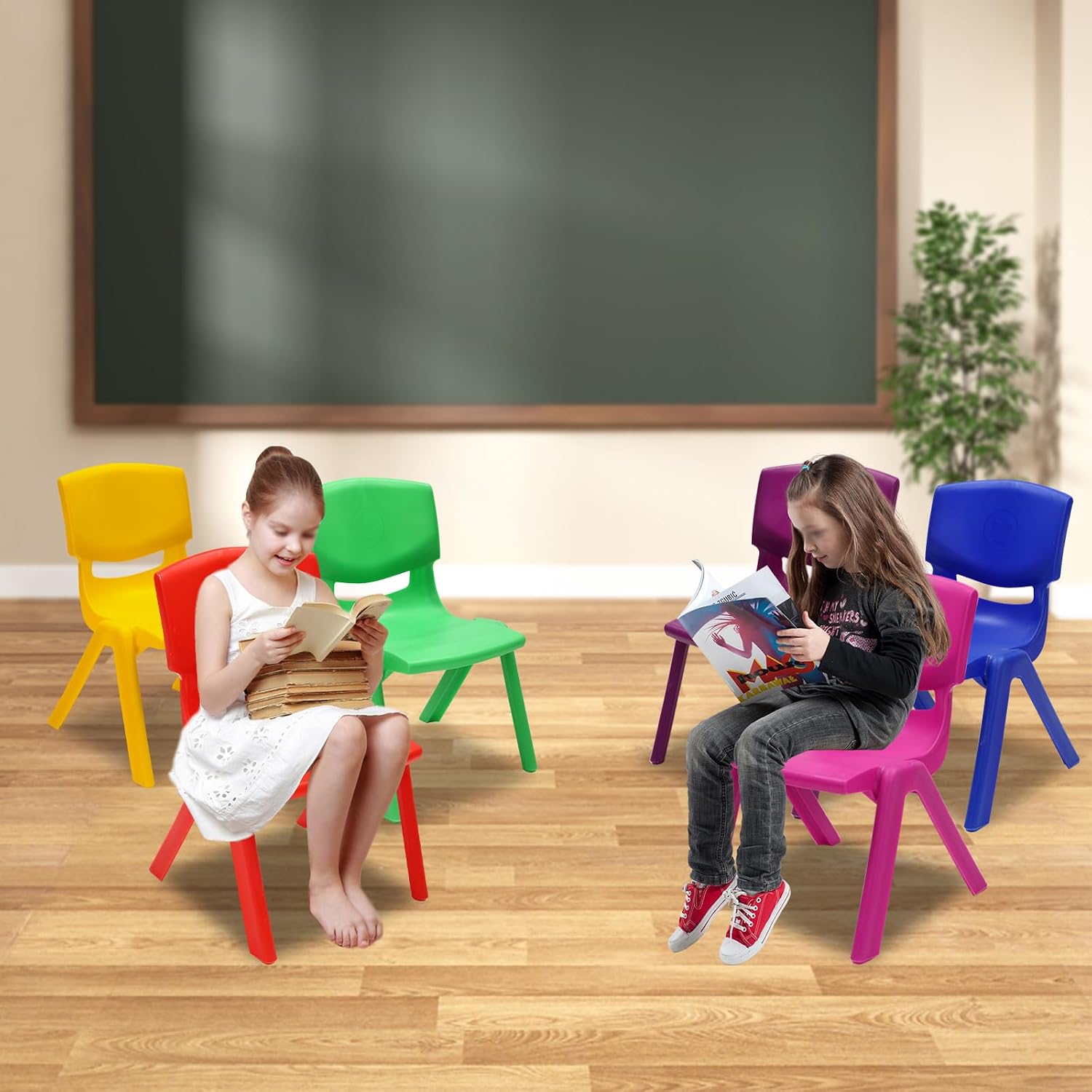 6Pcs Stackable School Chairs with 11inch Seat Height, Colorful School Stackable Chairs Stacking Plastic Classrooms Chairs for Preschool Toddler Home Learning Daycare Center Supplies