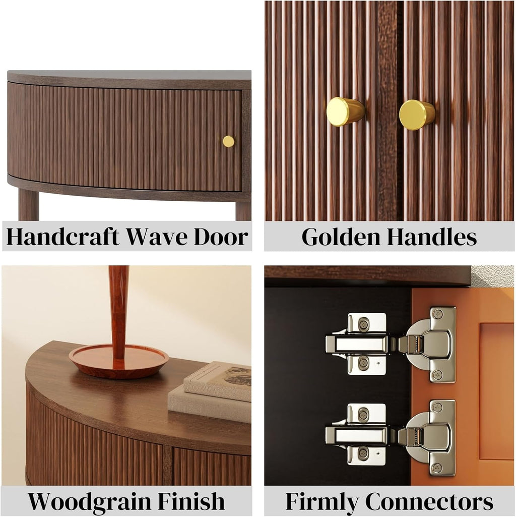 Entryway Table, Artisan-Crafted Half Moon Fluted Console Tables with 2 Rattan Storage,Small Half Circle Tables for Hallway, Narrow Round Accent Decort Table for Living Room (Brown)