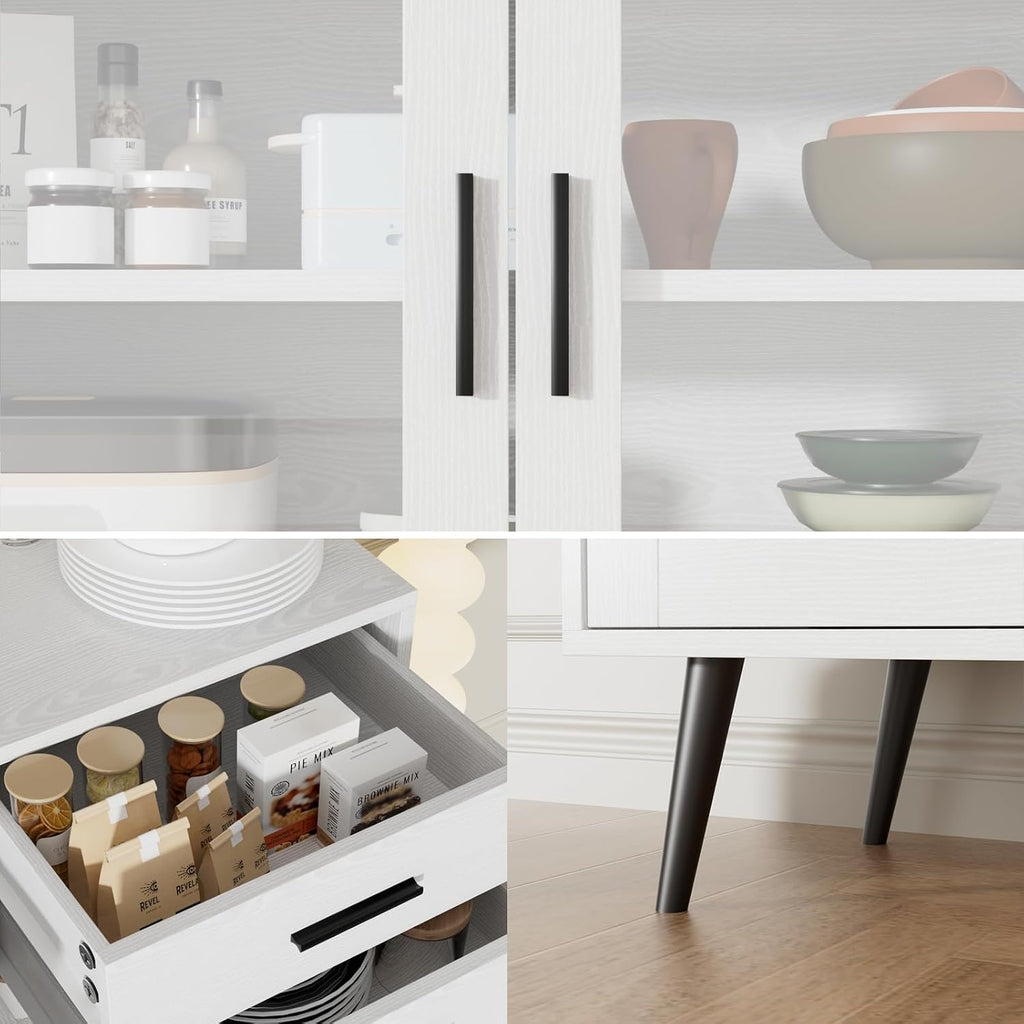 VOWNER Kitchen Hutch Storage Cabinet, Freestanding Kitchen Pantry with 2 Glass Doors and 3 Drawers, Modern Sideboard Buffet Cabinet, Barn Door Coffee Bar Station for Dining Room, Living Room (White)