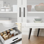 VOWNER Kitchen Hutch Storage Cabinet, Freestanding Kitchen Pantry with 2 Glass Doors and 3 Drawers, Modern Sideboard Buffet Cabinet, Barn Door Coffee Bar Station for Dining Room, Living Room (White)