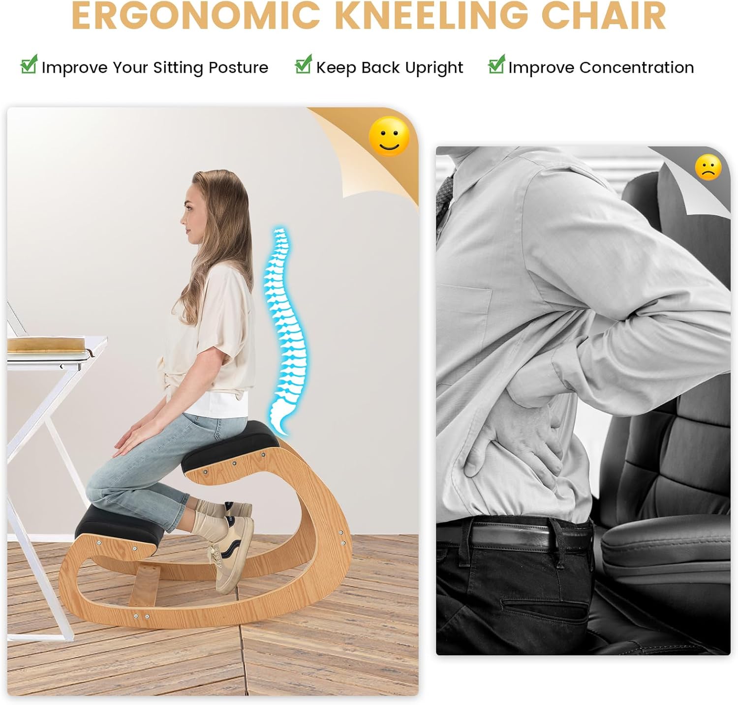 Giantex Ergonomic Kneeling Desk Chair, Rocking Knee Chair with Cushion & Solid Wood Frame, Natural Relief for Neck or Back Pain, Posture Chair for Desk, Home, Office, Max Load 330 Lbs (Black)