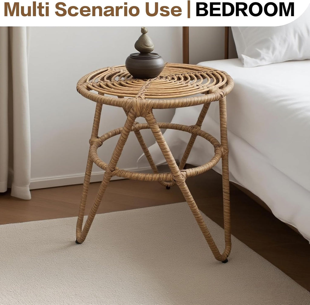 Round Coffee Table Set of 2, Natural Rattan Side Table Boho, Small Mid Century Modern Rattan End Tables for Living Room Bedroom Office Yard Garden Backyard Porch Poolside Balcony Lawn Bistro