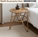 Round Coffee Table Set of 2, Natural Rattan Side Table Boho, Small Mid Century Modern Rattan End Tables for Living Room Bedroom Office Yard Garden Backyard Porch Poolside Balcony Lawn Bistro