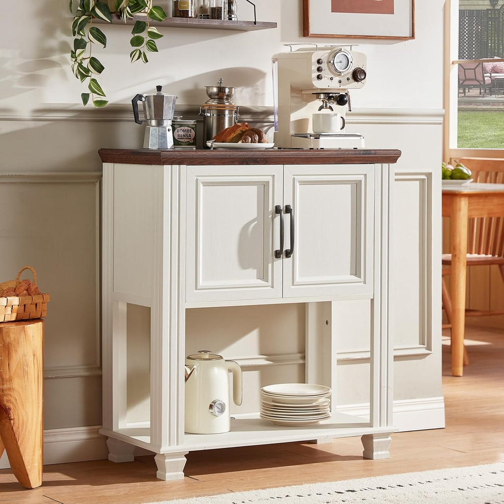 SAVOR LIFE Farmhouse Coffee Bar Table with 2-Door Cabinet, Kitchen Storage Cabinets with Open Shelf, Coffee Station for Dining Room, Kitchen, Hallway, Living Room, White