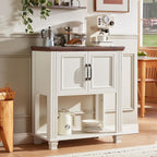 SAVOR LIFE Farmhouse Coffee Bar Table with 2-Door Cabinet, Kitchen Storage Cabinets with Open Shelf, Coffee Station for Dining Room, Kitchen, Hallway, Living Room, White