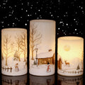 Eldnacele Snowman Christmas Deco Flameless Flickering Candles with Automatical Daily Cycle Timer, White Battery-Operated LED Pillar Candles Snowman Decals 3 Pack (D3” x H 4” 5” 6”)