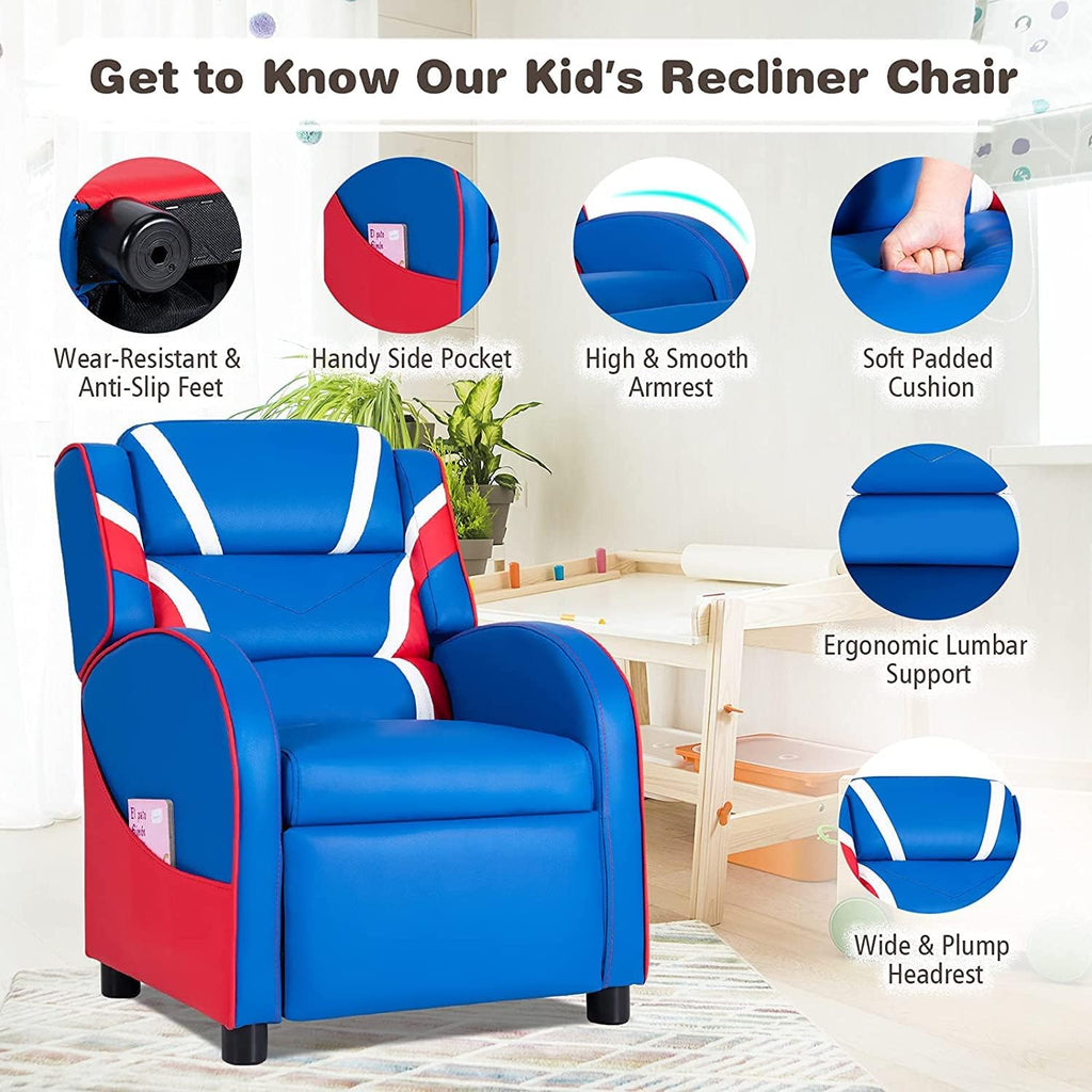 GLACER Kids Recliner, Youth Gaming Recliner w/Headrest, Footrest, Lumbar Support, Side Pockets, Adjustable Recliner Sofa for Kids, Toddler Lounge Chair for Living Room, Gaming Room Boys Girls (Blue)