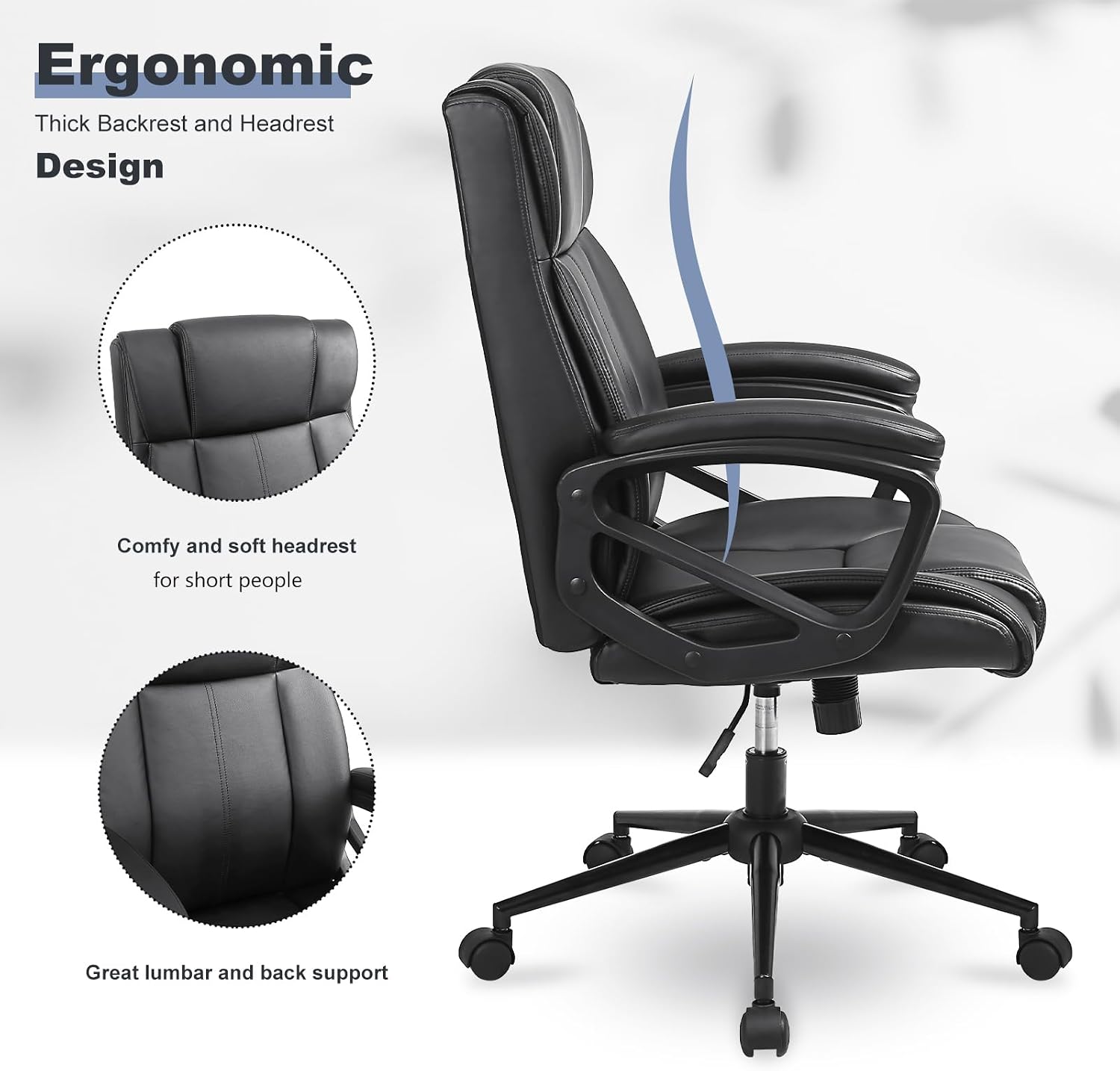 Executive Office Chair with Thicken Armrest, Ergonomic Home Office Desk Chair with Lumbar Support, Upholstered PU Leather Computer Gaming Chair for Home/Office, Black
