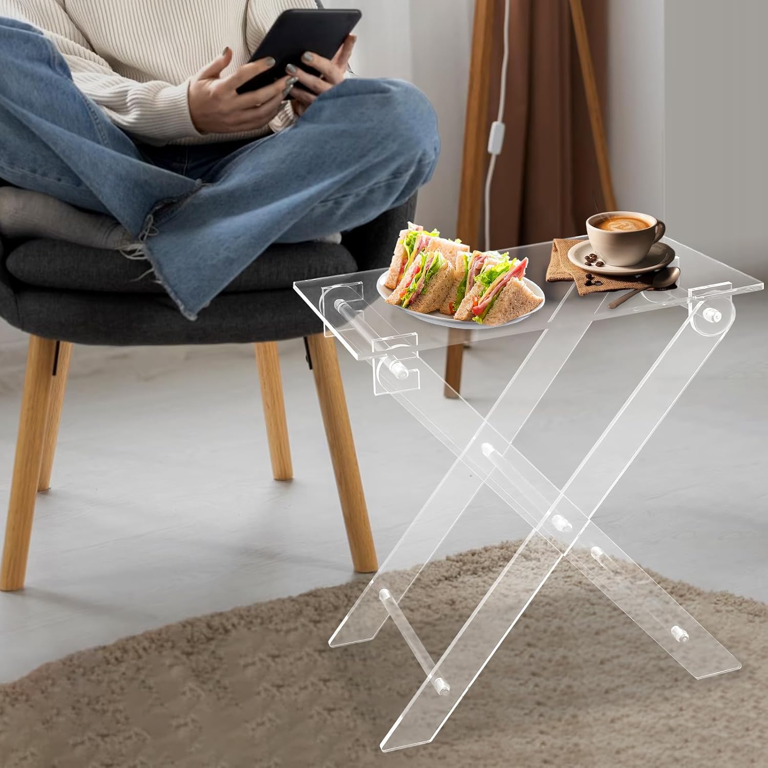 Acrylic Folding Table TV Tray, Foldable Acrylic Computer Stand, X Table Leg Type Space Saving Side Tables for Living Room Bedroom