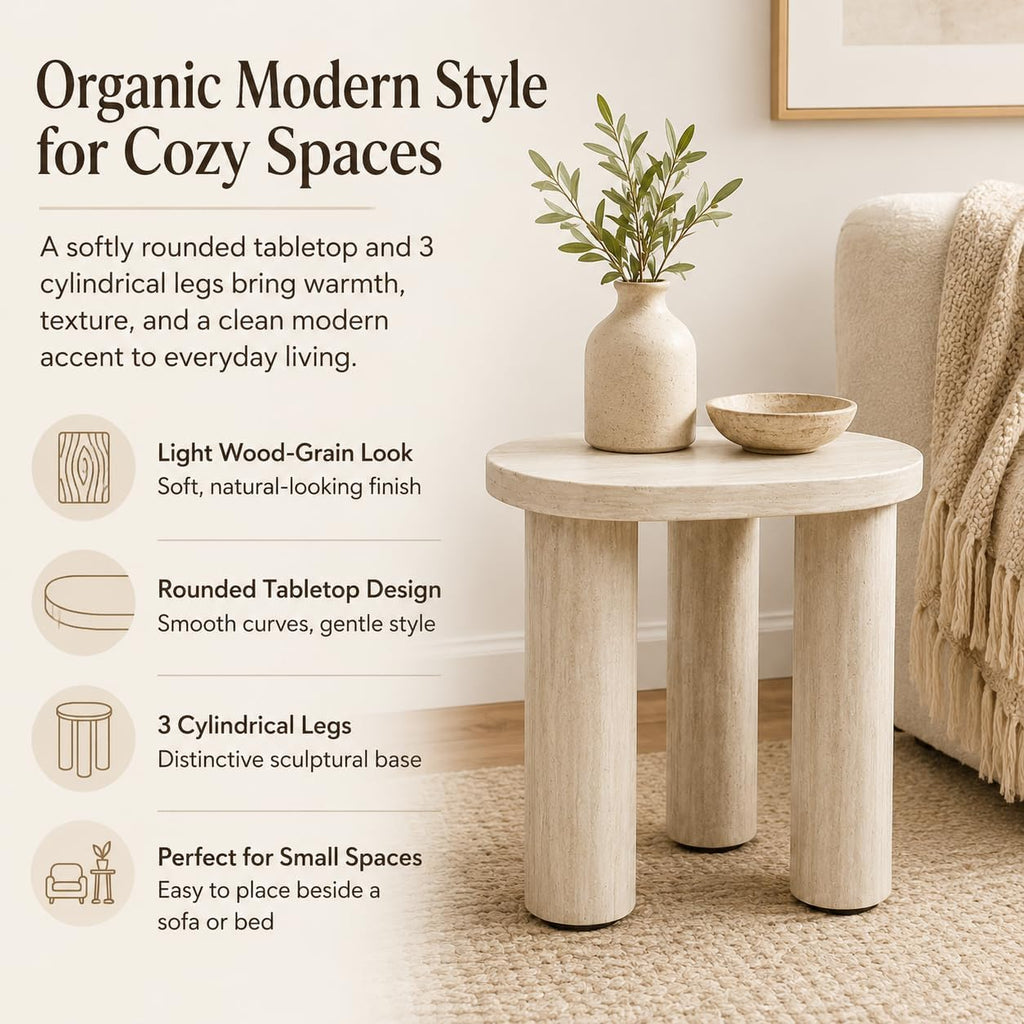 Small Round Side Table, Light Wood Grain End Table with 3 Cylindrical Legs, Modern Nightstand for Living Room, Bedroom, Sofa Side, Apartment