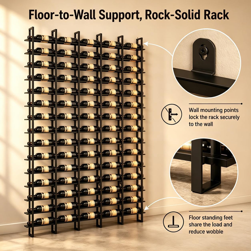 Large Wall Mount Wine Rack, 16 Tier 48 Bottle Wine Storage Organizer Display Holder, Metal Liquor Display for Wine Cellars, Home Bars, Kitchens, and Dining Rooms