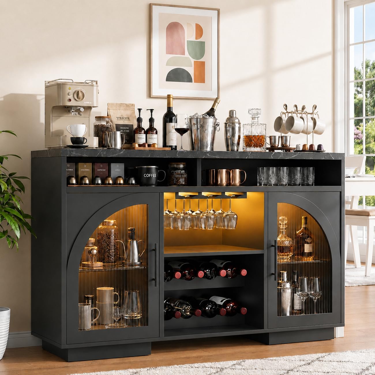 54" Coffee Bar Cabinet with Storage, LED Lights and Arched Glass Doors | Black Wine Bar Cabinet with Wine Rack and Adjustable Shelves, Faux Marble Top for Kitchen, Home Bar, Dining Room, Living Room