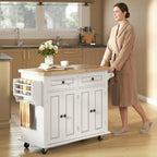 HOMCOM Kitchen Island Cart with Solid Wood Top, 44" Mobile Kitchen Island Table on Wheels with Storage Cabinets, 2 Drawers, Adjustable Shelves, Spice Rack & Towel Bar for Dining Room, White
