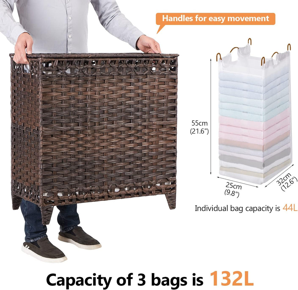 Laundry Hamper with 3 Removable Liner Bags; 132L Handwoven Rattan Laundry Basket with Lid & Heightened Feet; Clothes Hamper with Side Handles; Laundry Sorter with 3 Separate Sections
