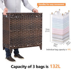 Laundry Hamper with 3 Removable Liner Bags; 132L Handwoven Rattan Laundry Basket with Lid & Heightened Feet; Clothes Hamper with Side Handles; Laundry Sorter with 3 Separate Sections