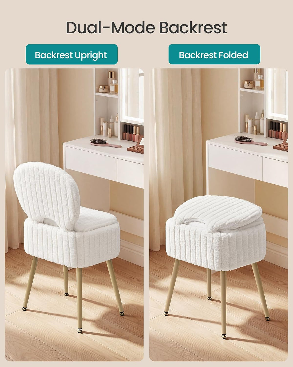 SONGMICS Small Vanity Chair with Storage and Folding Back, Vanity Stool, Footrest Footstool Ottoman, Dressing Table Stool, Furry Padded Seat, for Makeup Room, Bedroom, Cream White ULOM532WD01