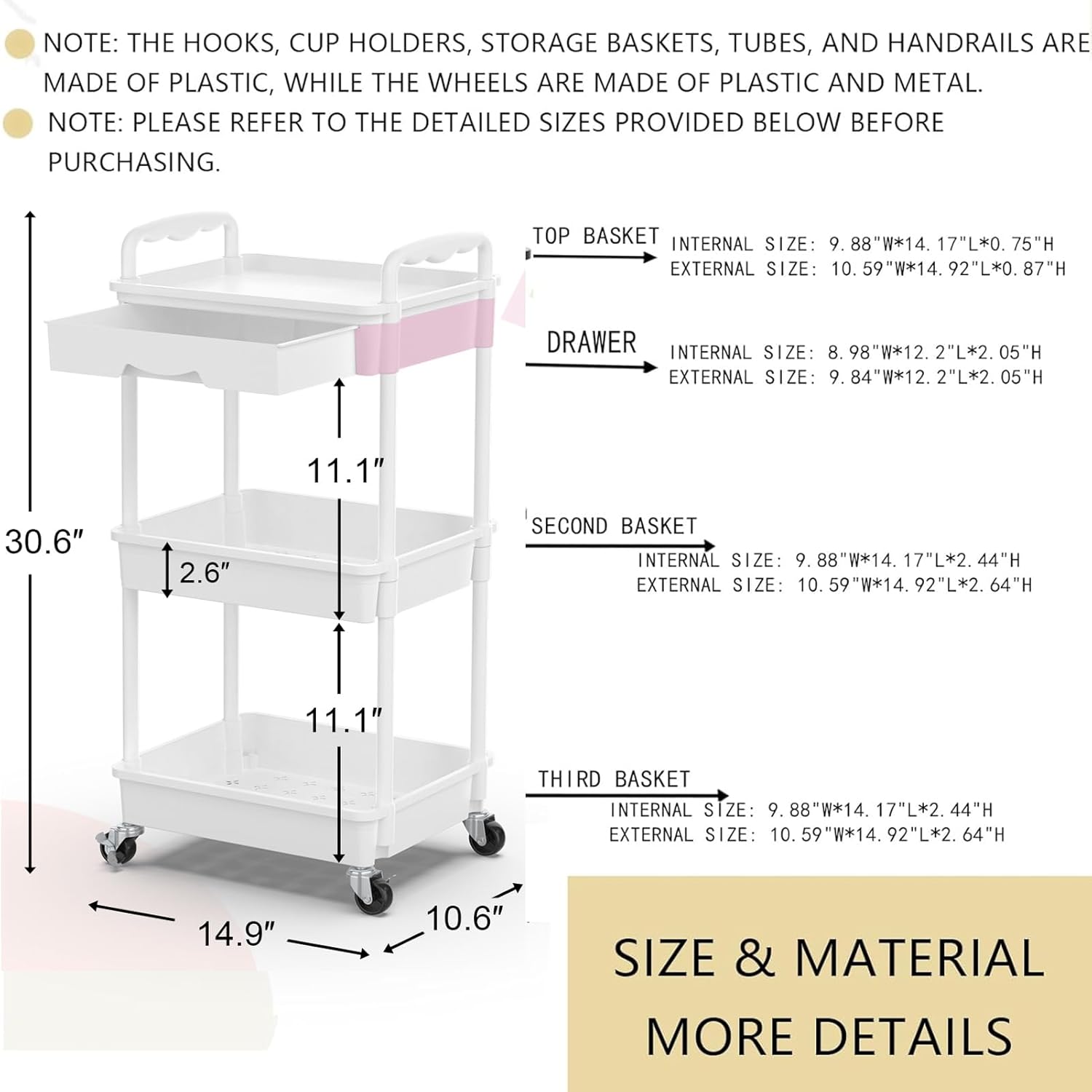 Goovilla 3 Tier Rolling Utility Cart Organizer with Removable Drawer, Stable and Sturdy White Rolling Storage Carts with 2 Lockable Wheels for Bathroom, Kitchen, Snack, Craft, Makeup, Baby Essentials