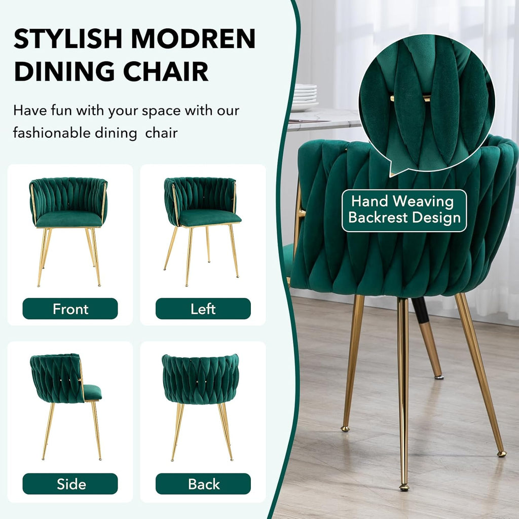 NIOIIKIT Modern Velvet Dining Chairs Hand Weaving Accent Chairs Living Room Chairs Upholstered Side Chair with Golden Metal Legs for Dining Room Kitchen Vanity Living Room (Emerlad)