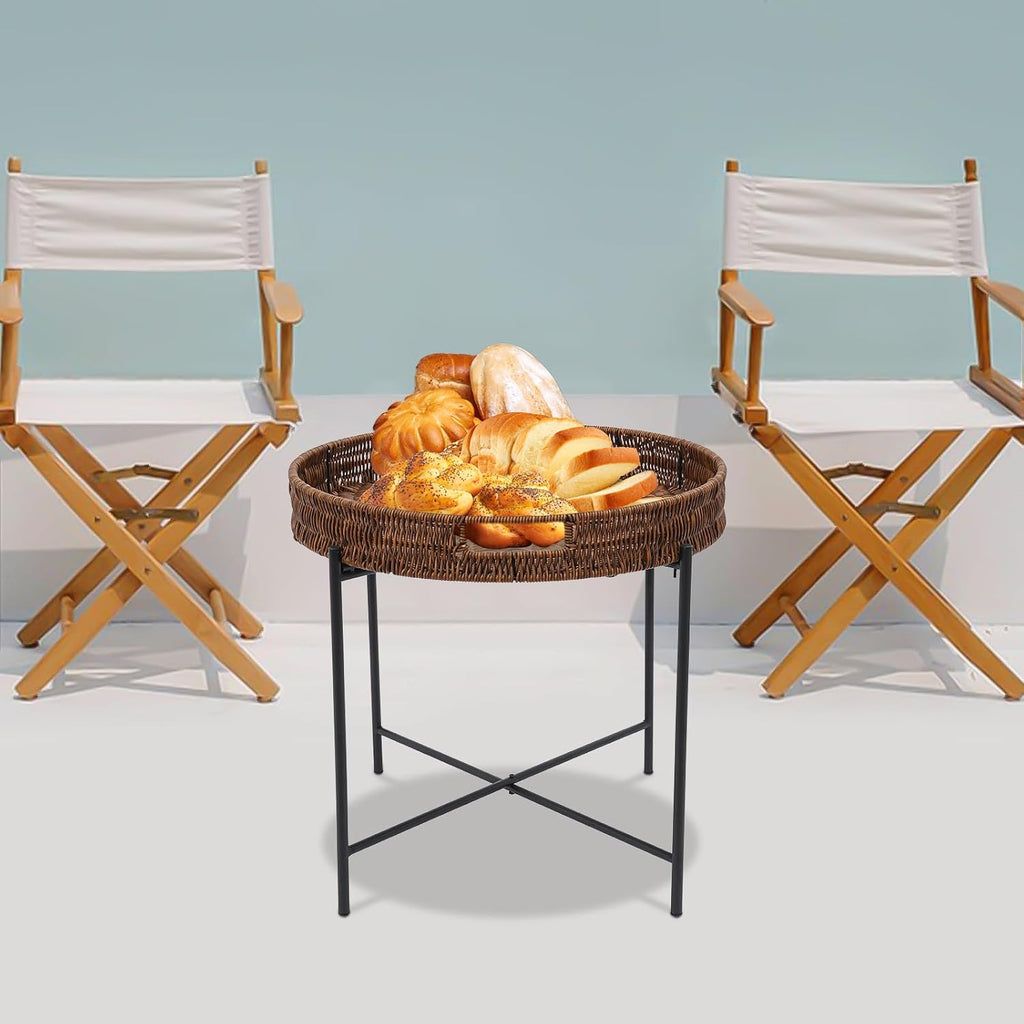 Retro Foldable Imitation Rattan Round Coffee Table, Imitation Wicker Wooden End Table with Removable Tray and 10lbs Load Capacity, for Living Room, Bedroom, Office, Bathroom, Bar, Balcony