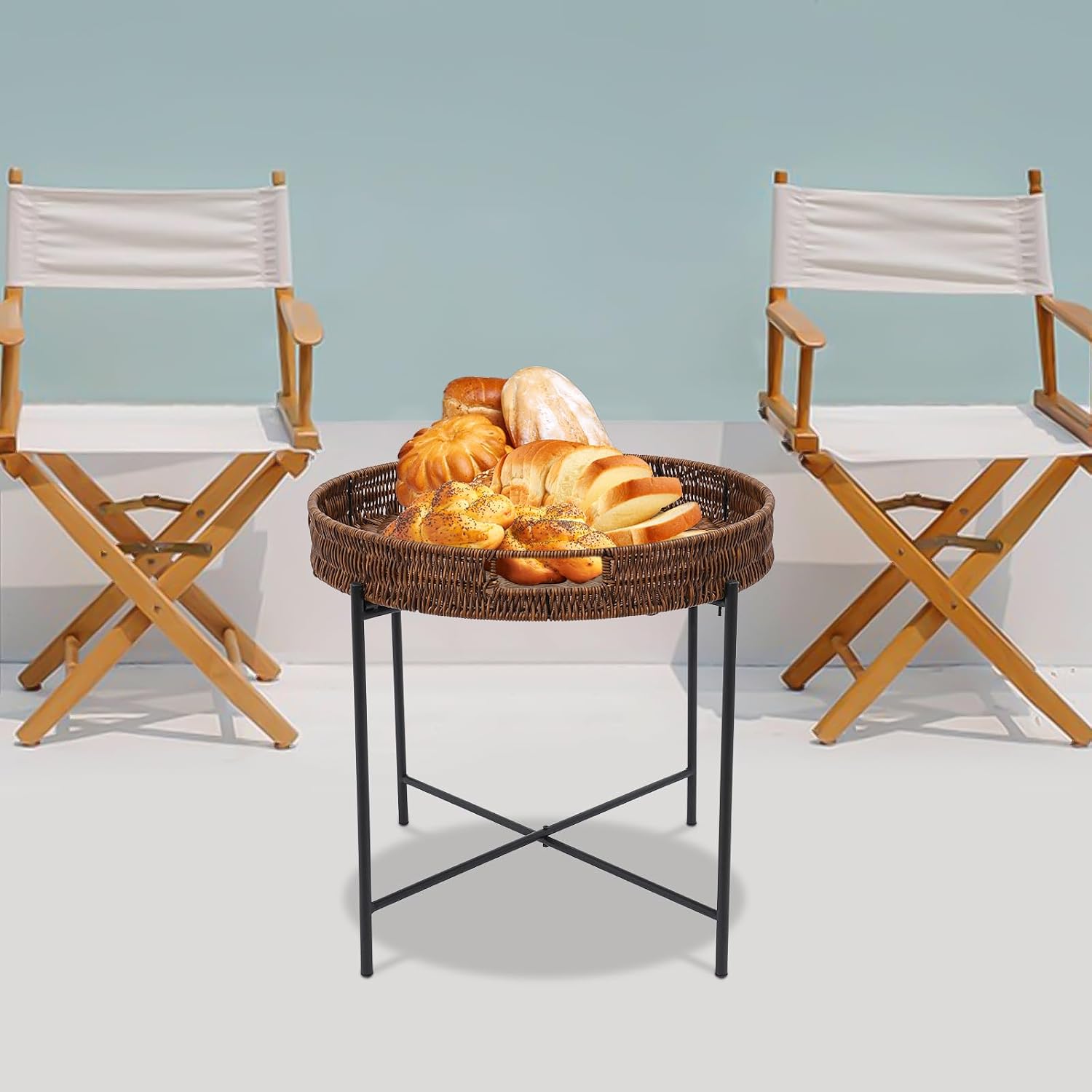 Retro Foldable Imitation Rattan Round Coffee Table, Imitation Wicker Wooden End Table with Removable Tray and 10lbs Load Capacity, for Living Room, Bedroom, Office, Bathroom, Bar, Balcony