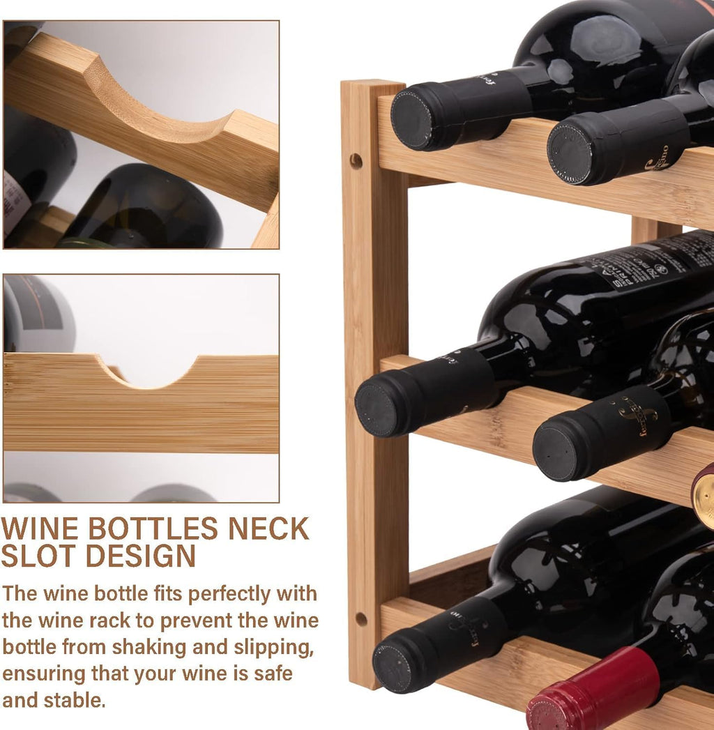 LEIMO KPARTS Bamboo Wine Rack, 3-Tier Sturdy and Durable Wine Storage Cabinet Shelf, Wine Racks Countertop for Kitchen Pantry Dining Room Bar,12 Bottles Wine Rack