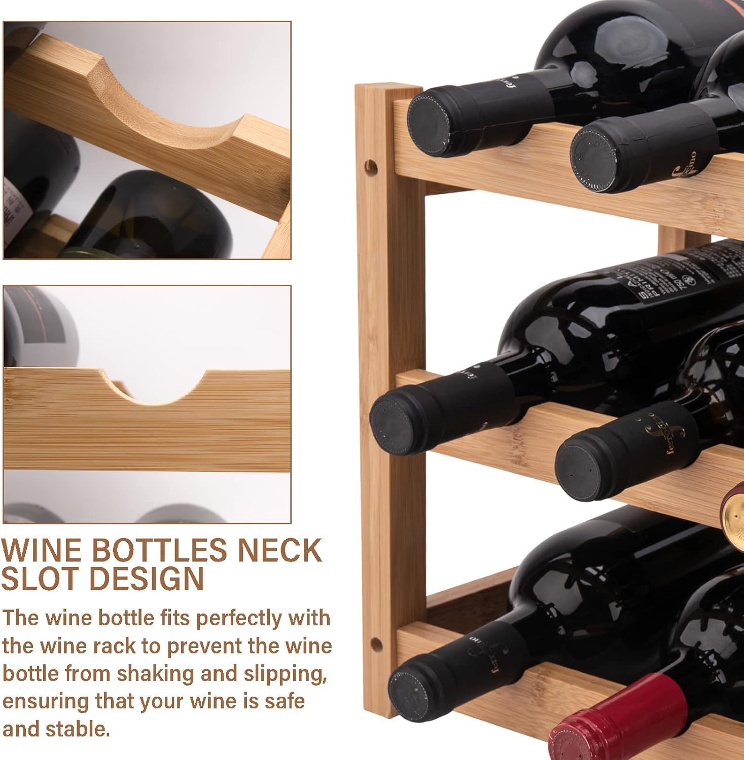 LEIMO KPARTS Bamboo Wine Rack, 3-Tier Sturdy and Durable Wine Storage Cabinet Shelf, Wine Racks Countertop for Kitchen Pantry Dining Room Bar,12 Bottles Wine Rack