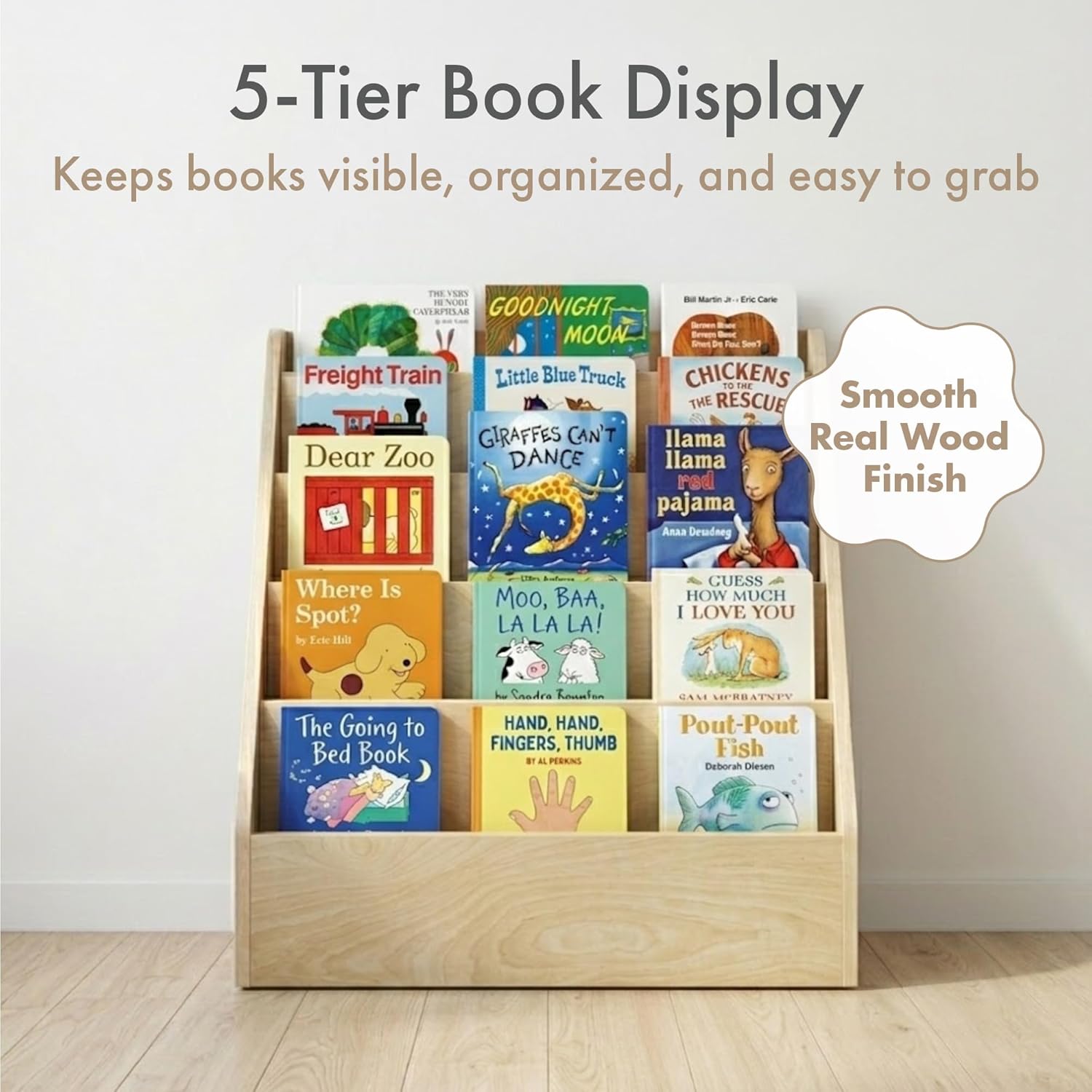 Humble Crew Kids Bookshelf, 5-Tier Front Facing Bookcase, Solid Wood Montessori Toddler Bookcase for Playroom, Bedroom & Reading Corner, 44” Wide