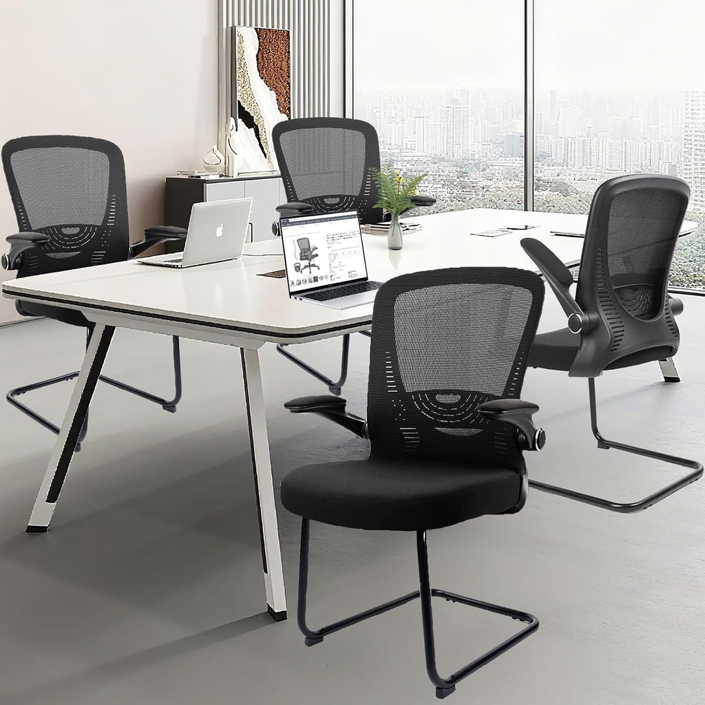 CLATINA Office Guest Chair no Wheels with Lumbar Support and Flip-up Armrest Mid Back Mesh Space Air Grid Series Sled Base for Reception Conference Room Black Set of 8
