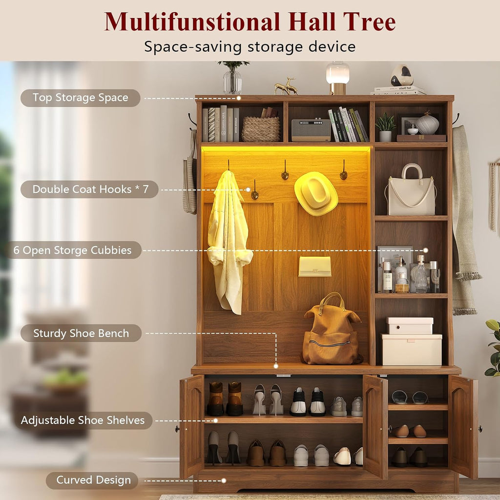 Hall Tree with Bench and Shoe Storage, Rattn Entryway Bench with Coat Rack | 39.4 inch Hall Tree with LED Lights & 6 Storage Cubbies, 7 Coat Hooks, 5-in-1 Shoe Cabinet with Rattan Doors for Small Space