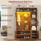Hall Tree with Bench and Shoe Storage, Rattn Entryway Bench with Coat Rack | 39.4 inch Hall Tree with LED Lights & 6 Storage Cubbies, 7 Coat Hooks, 5-in-1 Shoe Cabinet with Rattan Doors for Small Space