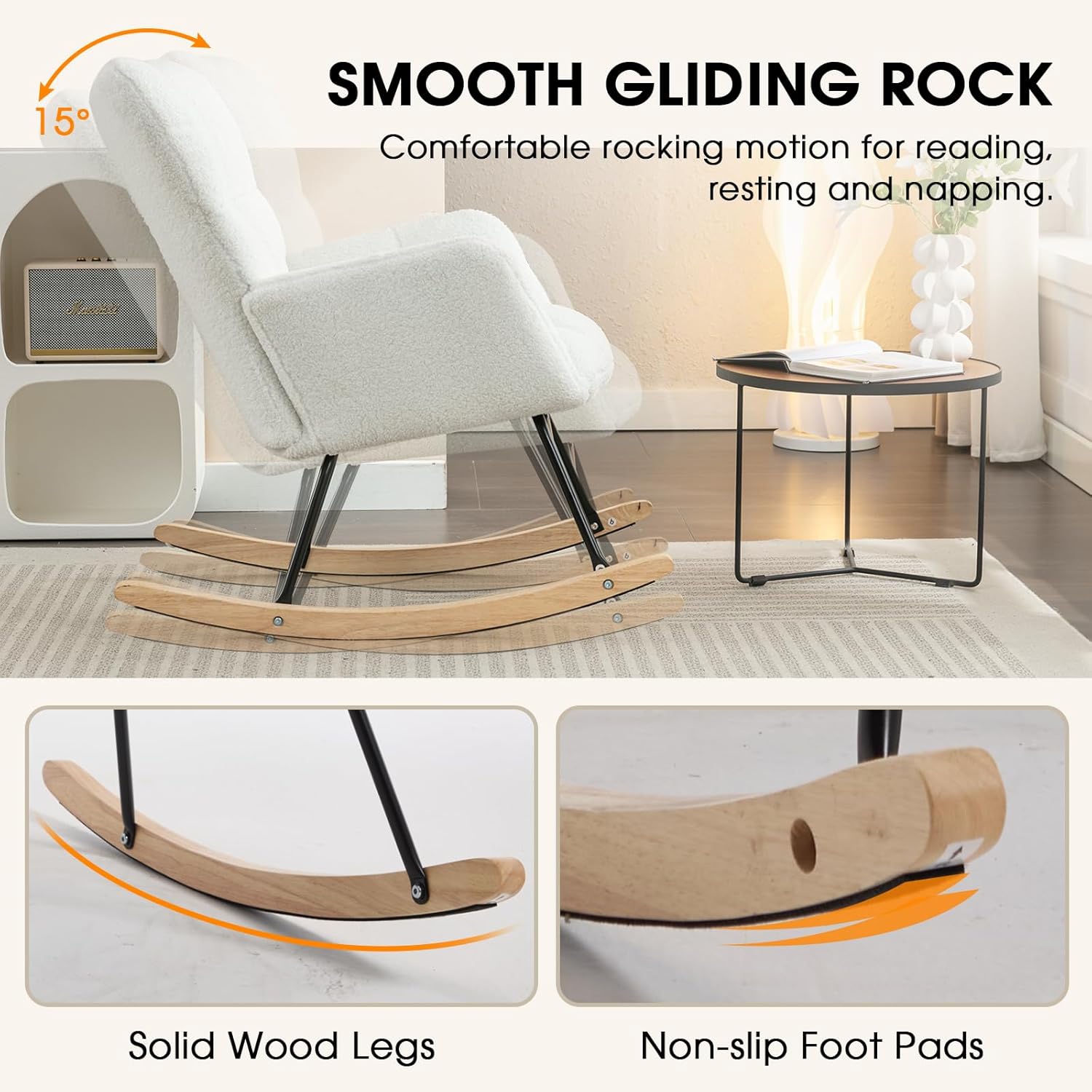 Rocking Chair Nursery, Teddy Upholstered Rocker Glider Chair with High Back, Rocker Recliner with Armrest, Gliding Chair with Thick Cushion, Accent Reading Chair for Bedroom (Ivory)