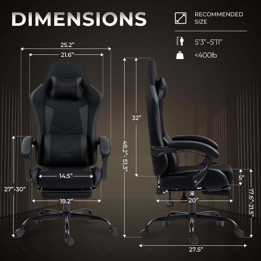 Gaming Chair with Footrest, Ergonomic 330lbs Leather Mesh Chair, Massage Lumbar Support, Adjustable Height & Headrest Pillow, Breathable Seat for Office, Home, Streaming, Long Gaming Sessions, Black