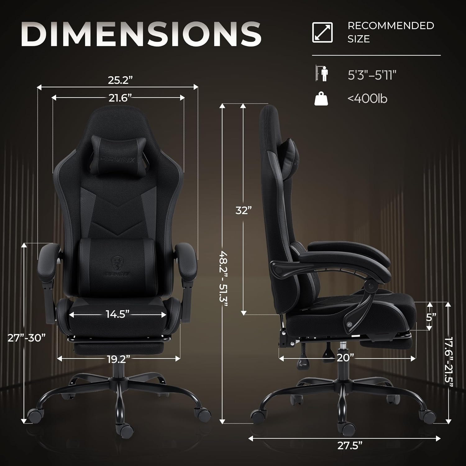Gaming Chair with Footrest, Ergonomic 330lbs Leather Mesh Chair, Massage Lumbar Support, Adjustable Height & Headrest Pillow, Breathable Seat for Office, Home, Streaming, Long Gaming Sessions, Black