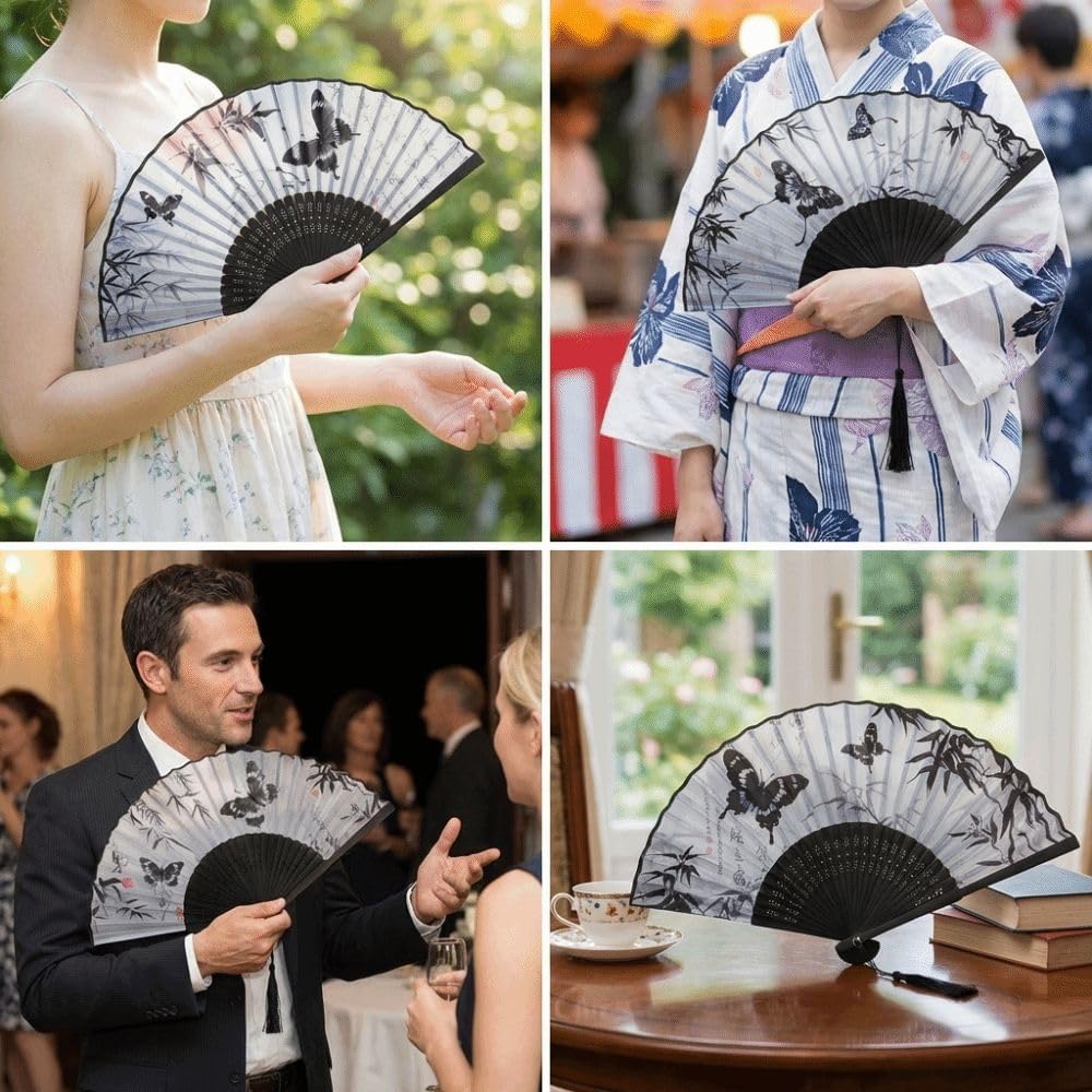 Chinese Style Antique Silk Folding Hand Fan, Elegant Dance Fan Art Crafts with Tassel Handheld Dance Fan Dance Props ﻿