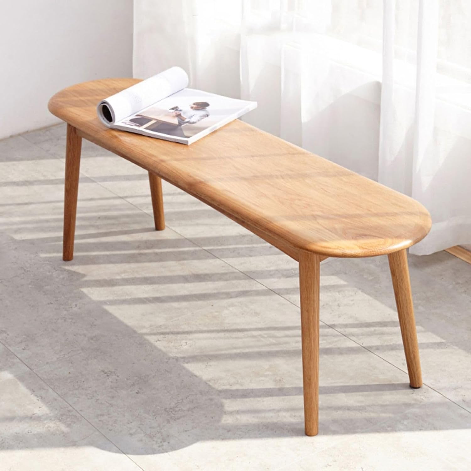 47'' 100% Solid Oak Wood Dining Bench,Rounded Corner Baguette Shape Chair Surface Design,Entryway Bedroom Bed End Bench (47.3inch, Natural Oak)