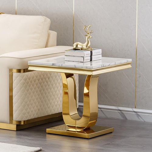 1 Piece Living Room End Table Luxury Faux Marble Sofa Side Table, Modern White Gold End Table with U-Shape Stainless Steel Pedestal Base