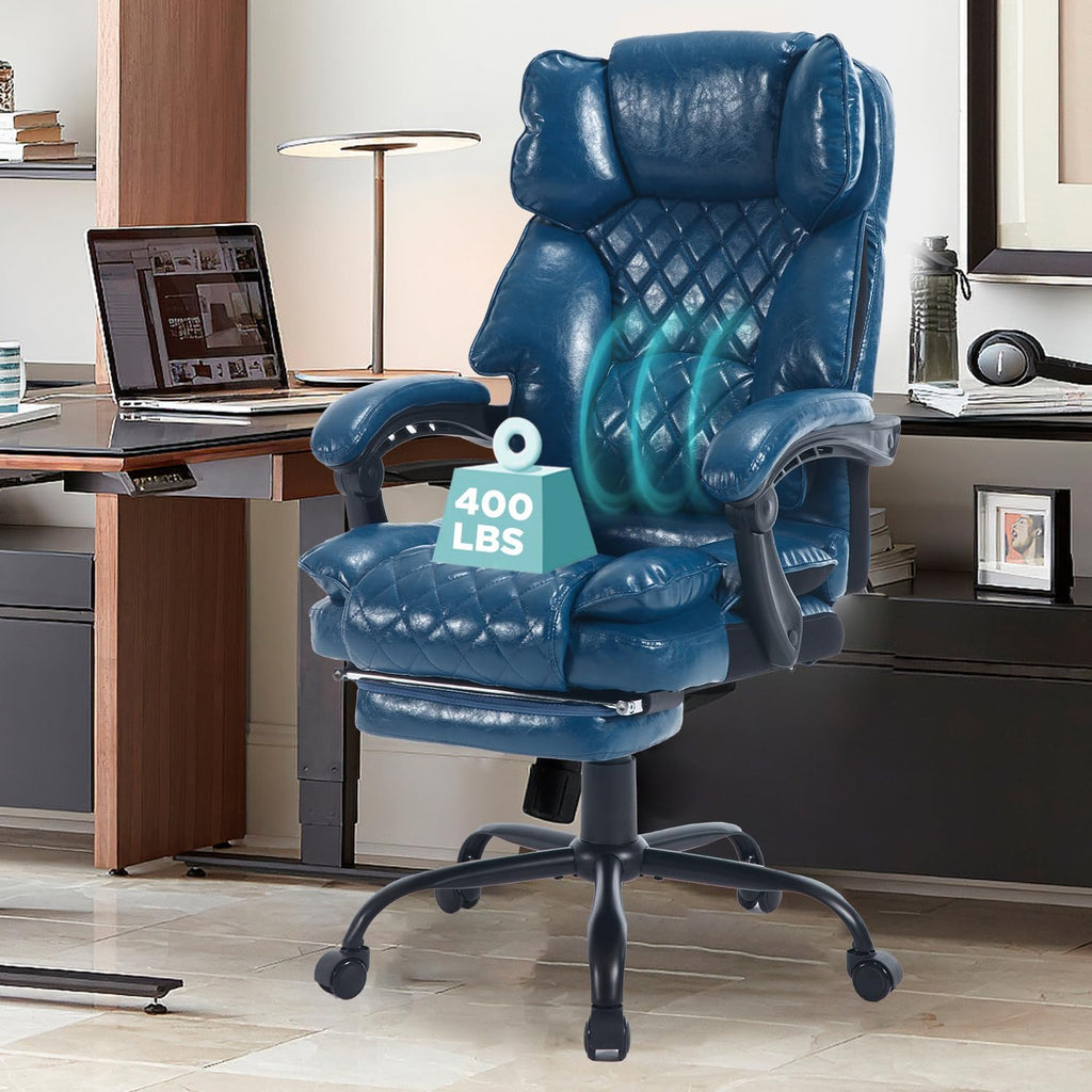Big Tall Reclining Office Chair with Footrest, 400lbs Ergonomic Recliner Office Desk Chairs with Lumbar Support, Heavy Duty High Back Vintage Leather Executive Computer Chair with Wheels, Blue