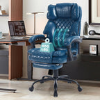 Big Tall Reclining Office Chair with Footrest, 400lbs Ergonomic Recliner Office Desk Chairs with Lumbar Support, Heavy Duty High Back Vintage Leather Executive Computer Chair with Wheels, Blue