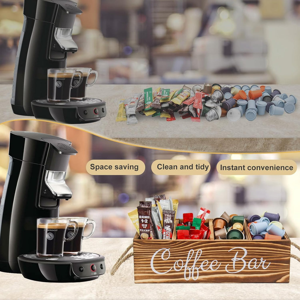 Bokelai Wooden Coffee Bar Organizer Countertop Coffee Station Accessories Storage Basket With Handle Removable Dividers Pods Kcup Holder Farmhouse Decor Caddy for Coffee and Tea Lover
