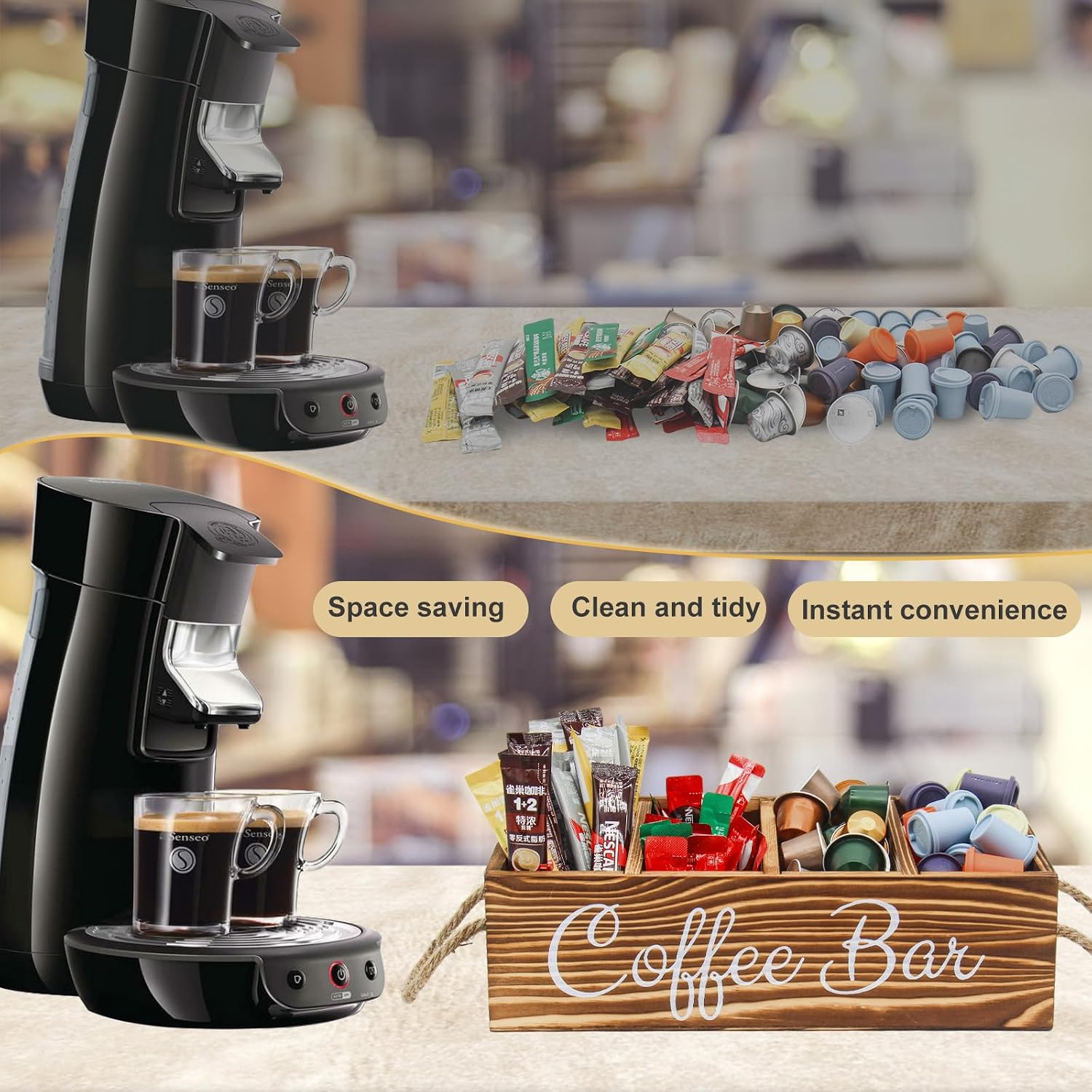 Bokelai Wooden Coffee Bar Organizer Countertop Coffee Station Accessories Storage Basket With Handle Removable Dividers Pods Kcup Holder Farmhouse Decor Caddy for Coffee and Tea Lover
