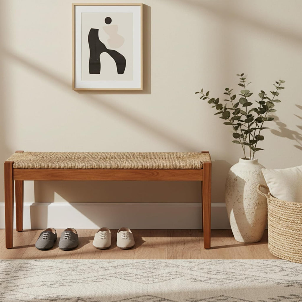 Vintage Entryway Bench, 47 inch Acacia Wood Bench with Woven Seagrass Seat, Entryway Bench, Wicker Bench Indoor for Hallway, End of Bed, Rustic Farmhouse Boho Style, Indoor Decorative Bench (Brown)