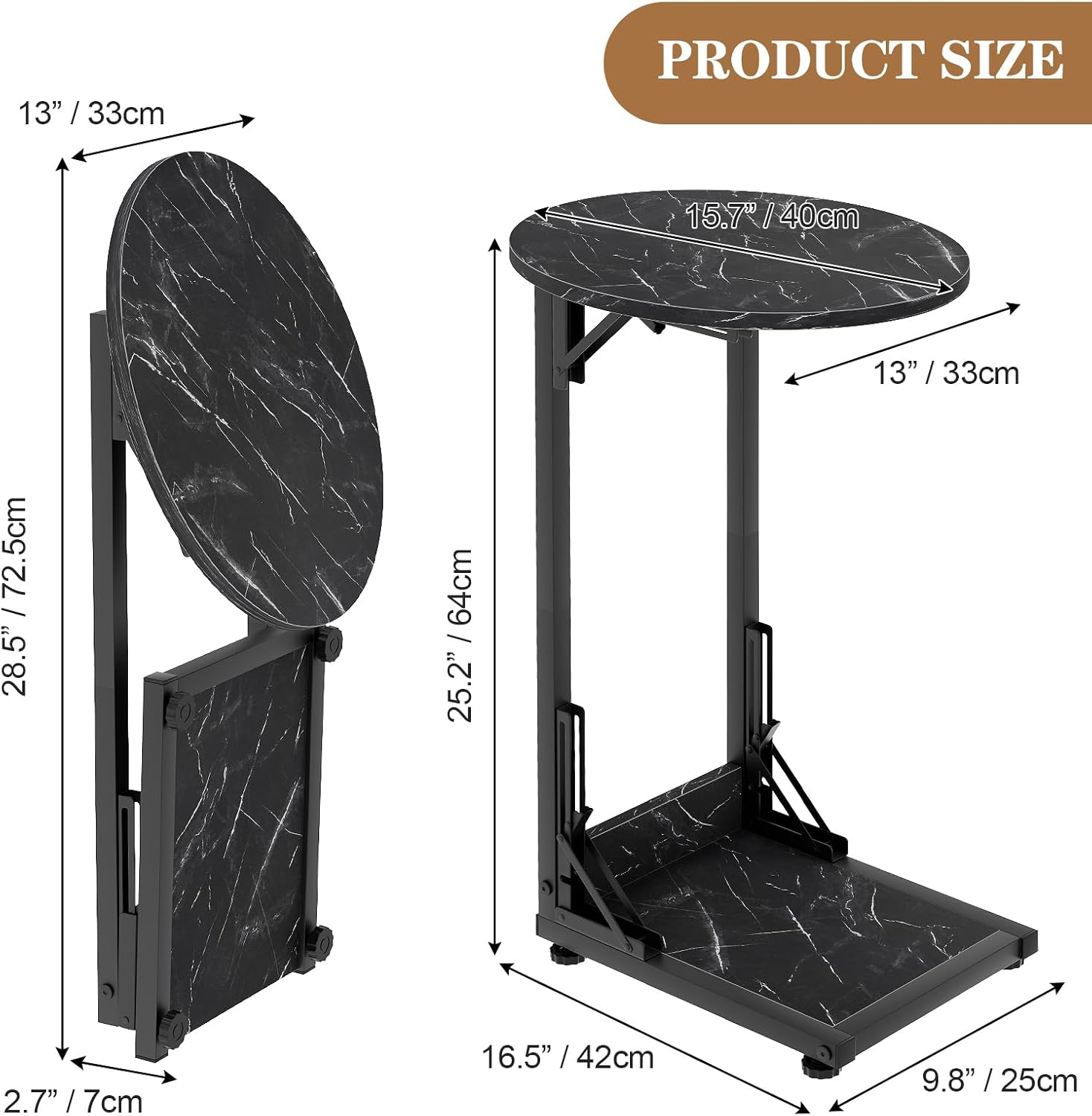 Folding Side Table, C Shaped End Table with Metal Frame, Round Couch Table & Slide Under Sofa TV Tray Table for Living Room, Bedroom, Small Spaces (Marble Black)