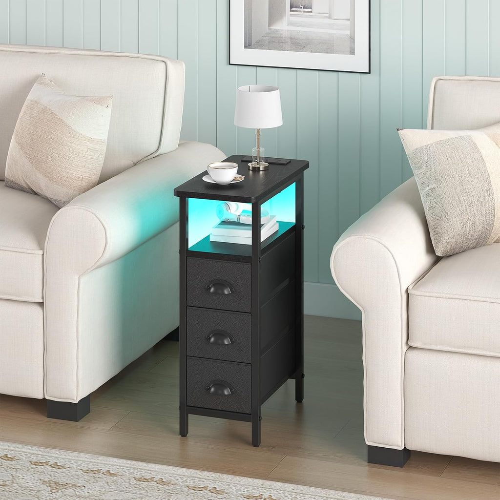 shtmec Narrow End Table Set of 2 with Charging Station, LED Side Tables Set 2 with Fabric Drawers, Small Bedside Tables Nightstands for Small Space, Slim Sofa Couch Table for Livingroom,Black
