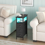 shtmec Narrow End Table Set of 2 with Charging Station, LED Side Tables Set 2 with Fabric Drawers, Small Bedside Tables Nightstands for Small Space, Slim Sofa Couch Table for Livingroom,Black