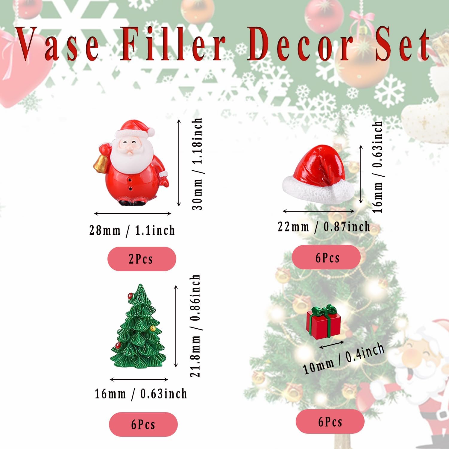 10066Pcs Christmas Vase Filler Decor Set Red Green Beads Santa Hat Christmas Trees Gift Boxes Vase Filler for Home Party Decoration
