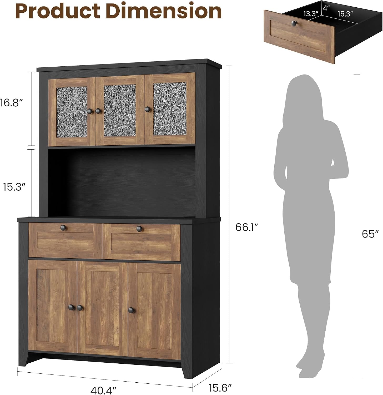 GAOMON 66" Tall Kitchen Pantry Cabinet, Modern Kitchen Hutch with Charging Station, Large Coffee Bar Storage Cabinet with Glass Doors and Drawers, Brown+Black