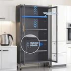 ZeHuoGe 65" Kitchen Pantry Storage Cabinet, 6 Tier Metal Display Storage Cabinet with Transparent Door, Adjustable Shelves & Wheels, Food Pantries Cabinets for Kitchen, Living Room and Dining Room